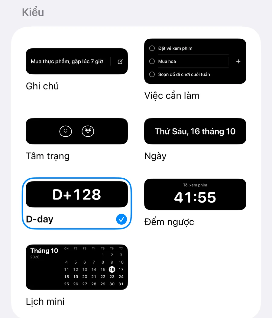 Chọn kiểu Hoạt động trực tiếp trong ứng dụng: ghi chú, việc cần làm, ngày, đếm ngày (đã chọn), đếm ngược và lịch mini