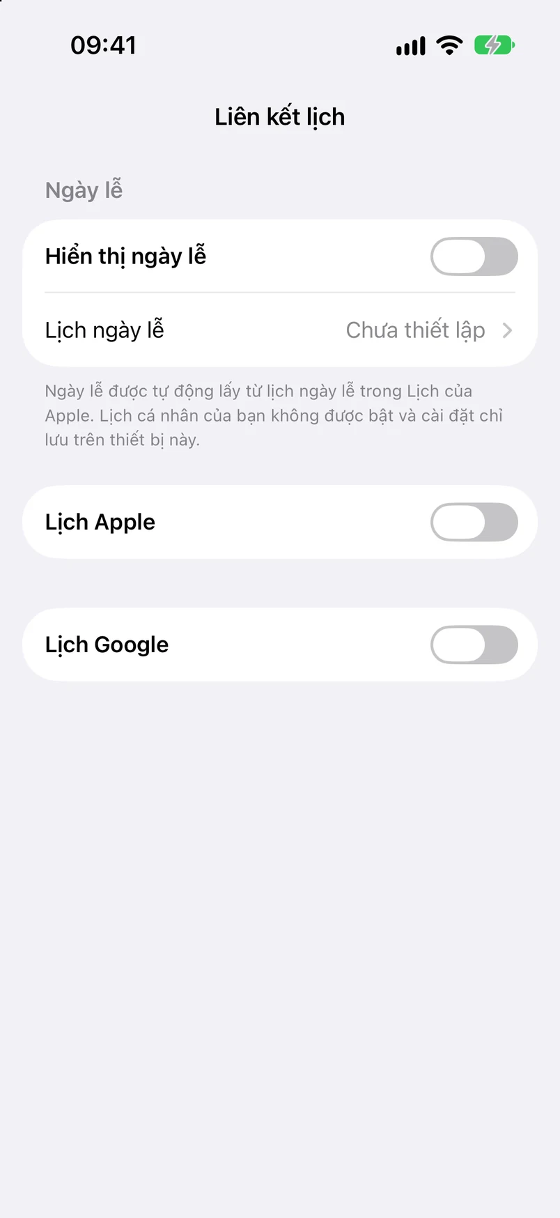 Kết nối lịch: hiển thị ngày lễ, Lịch Apple và Lịch Google