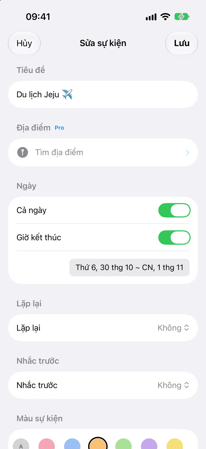 Sửa sự kiện: chuyến đi Jeju, cả ngày, từ 30 tháng 10 đến 1 tháng 11