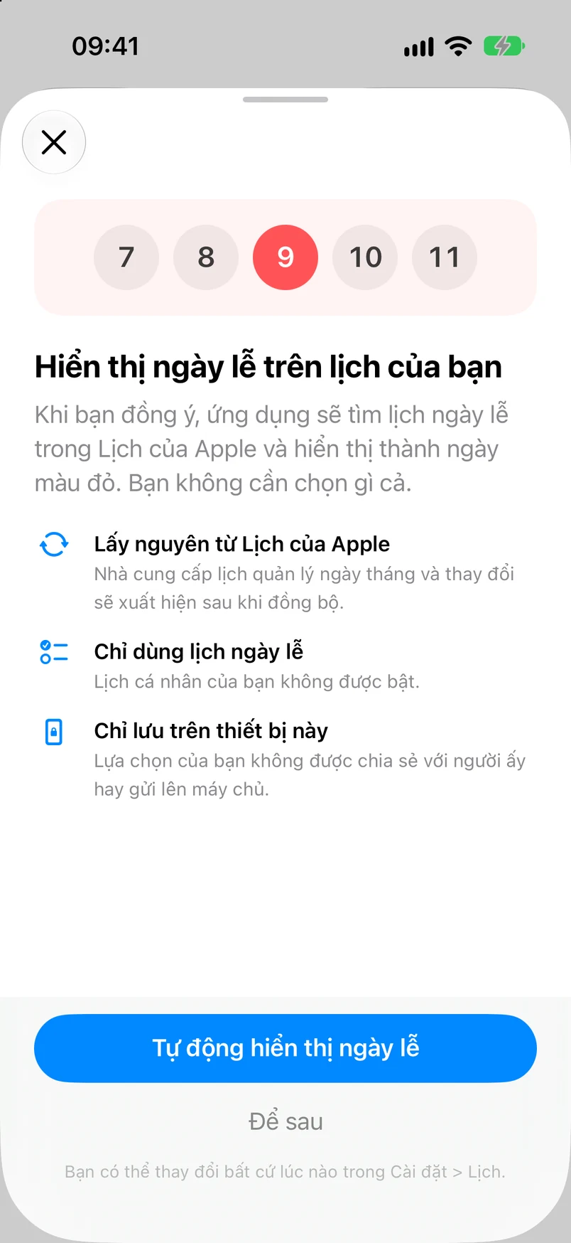 Bảng hướng dẫn hiển thị ngày lễ trên lịch