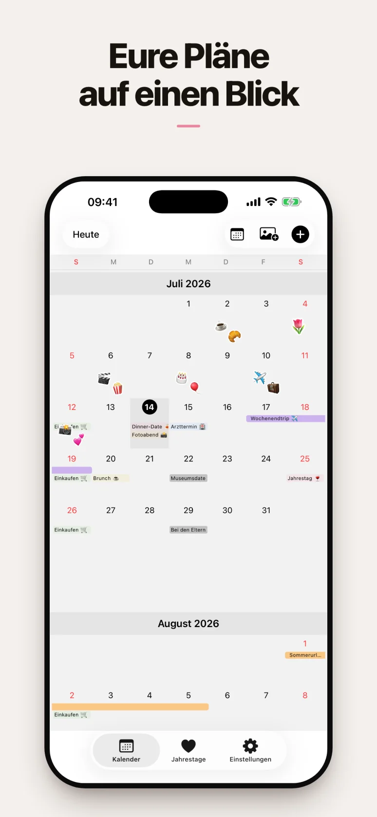 Monatskalender mit den Terminen von beiden