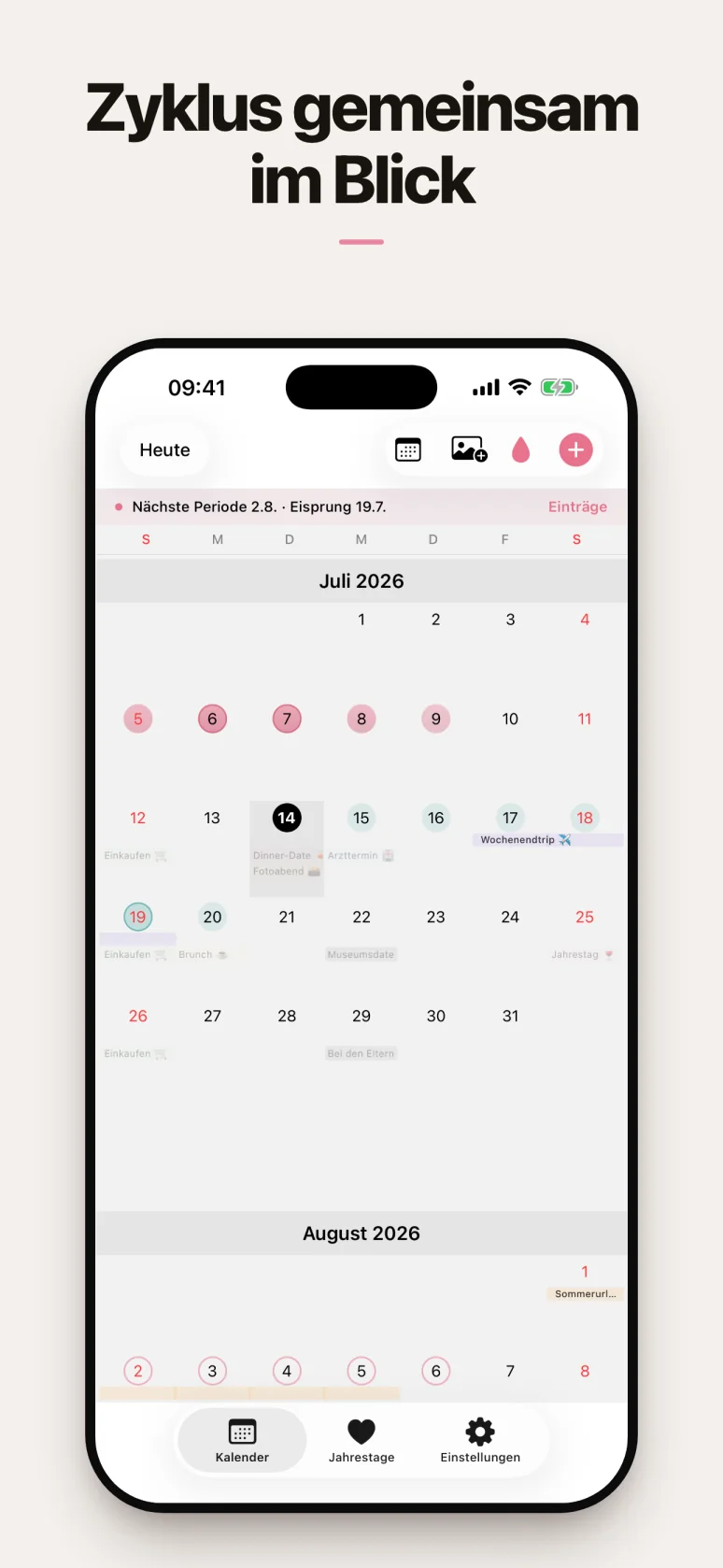 Kalender mit geteiltem Zyklus-Tracking