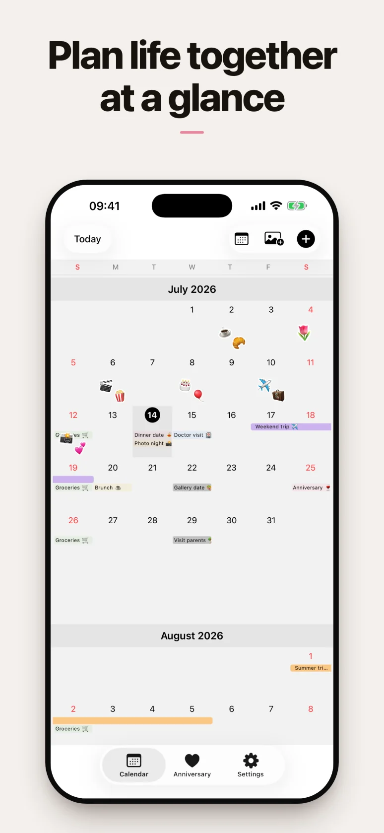 Monthly calendar showing both partners' plans at a glance
