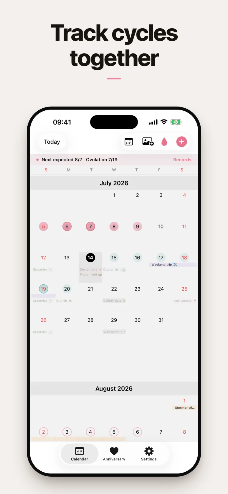Calendar with shared cycle tracking