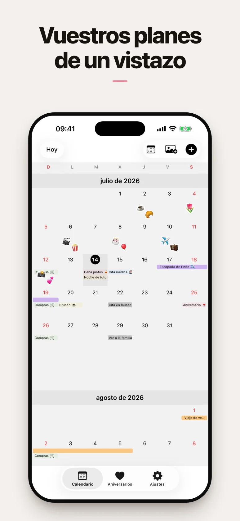 Calendario mensual con los planes de los dos a la vista