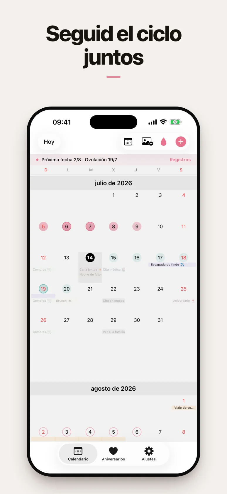 Calendario con el seguimiento del ciclo compartido