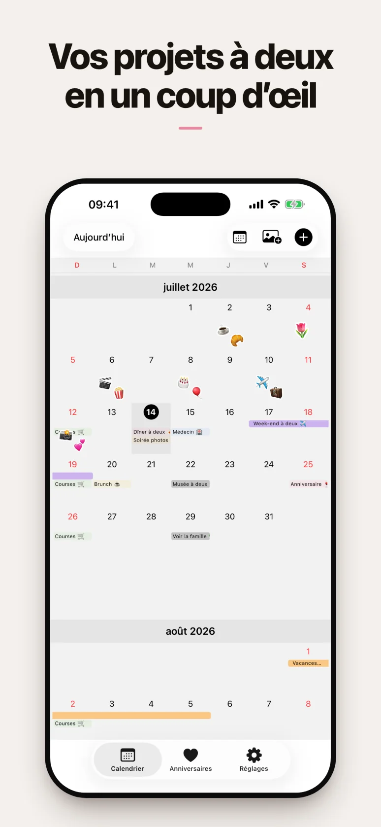 Calendrier mensuel montrant les rendez-vous des deux