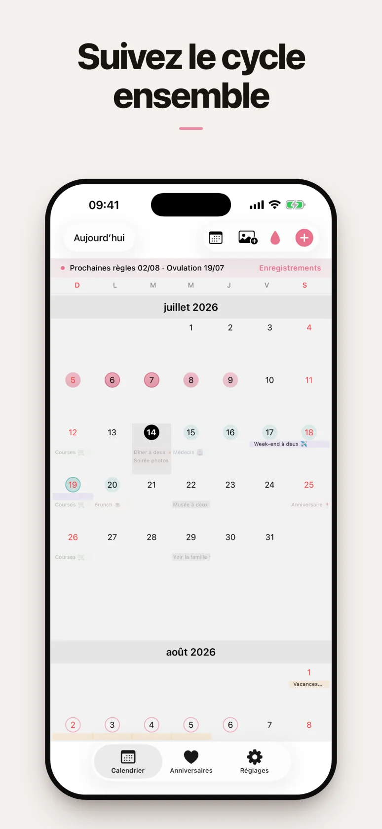 Calendrier avec suivi de cycle partagé