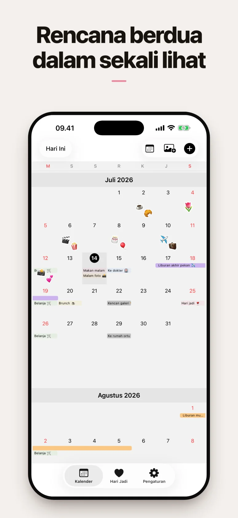 Tampilan kalender bulanan dengan jadwal berdua