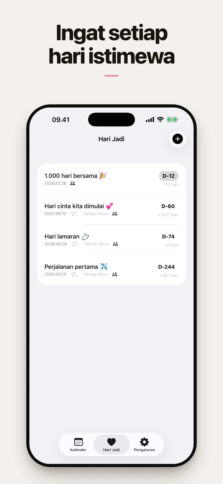 Tampilan daftar hitung hari jadi