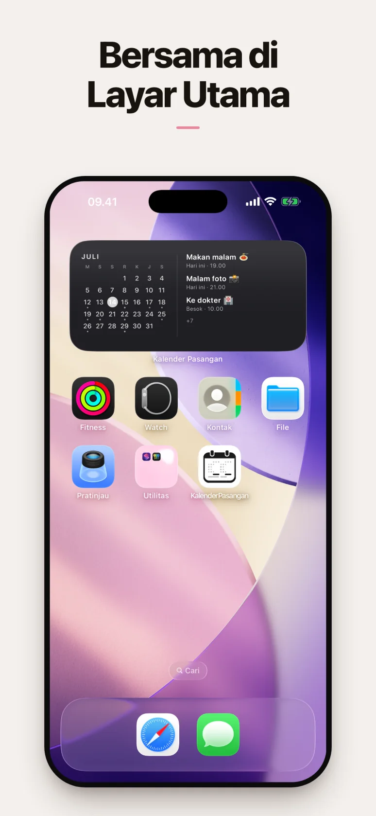 Tampilan widget di Layar Utama