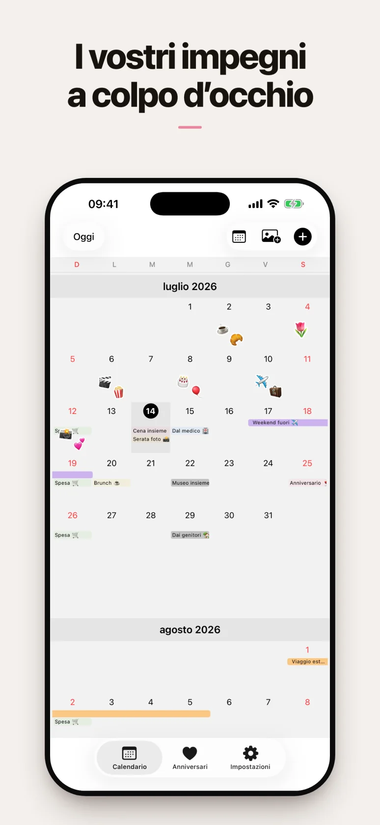 Calendario mensile con gli impegni di entrambi