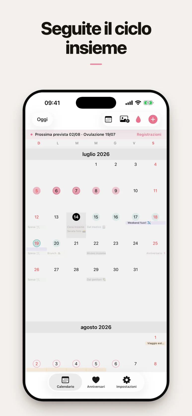 Calendario con monitoraggio del ciclo condiviso