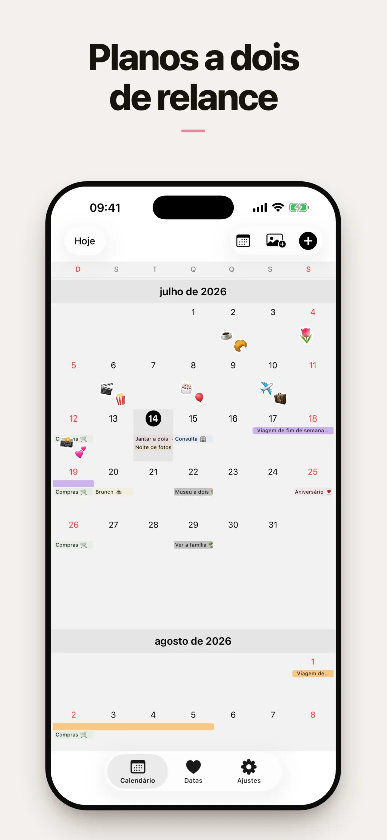 Calendário mensal com os compromissos dos dois