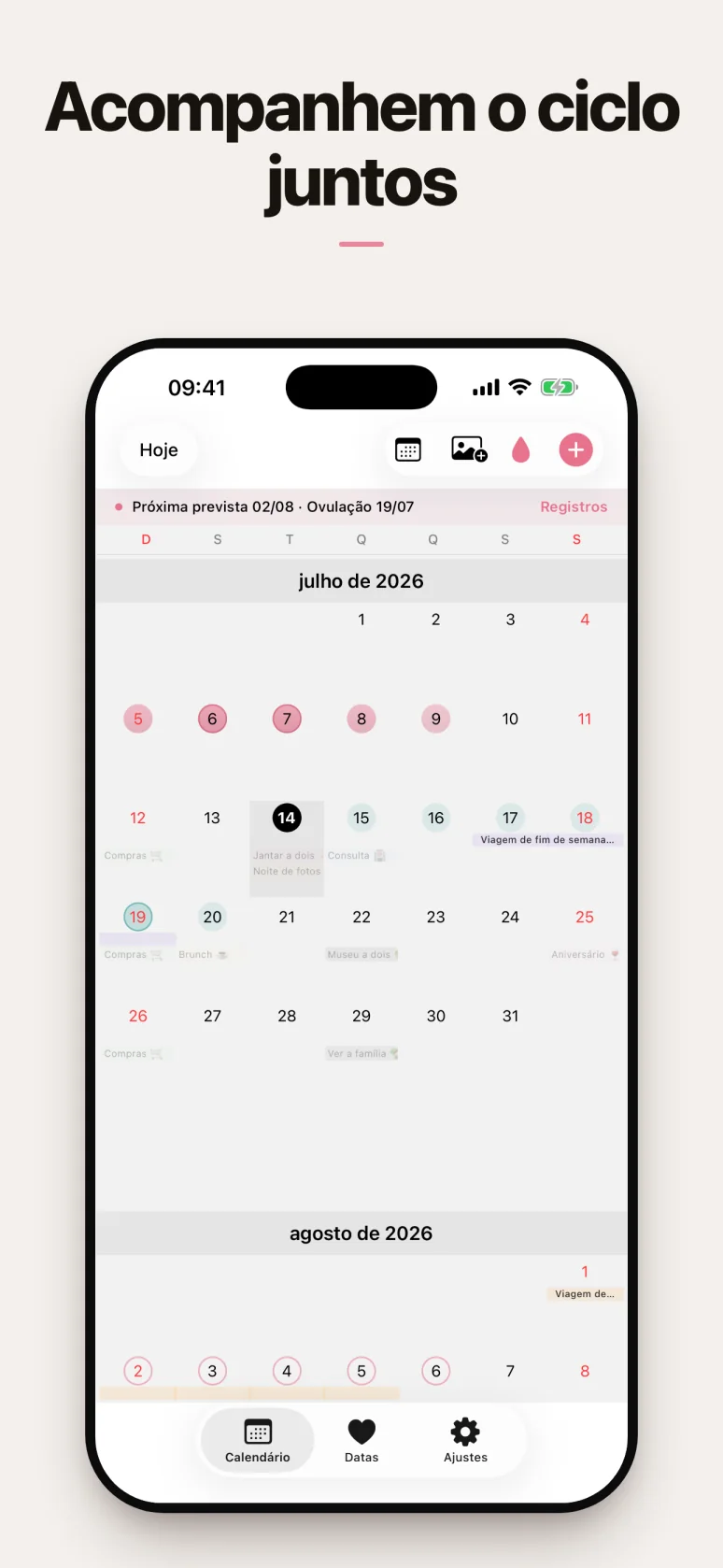 Calendário com acompanhamento do ciclo compartilhado
