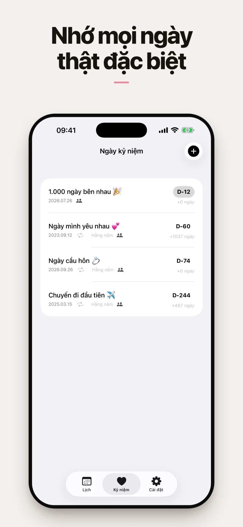 Màn hình danh sách đếm ngày kỷ niệm